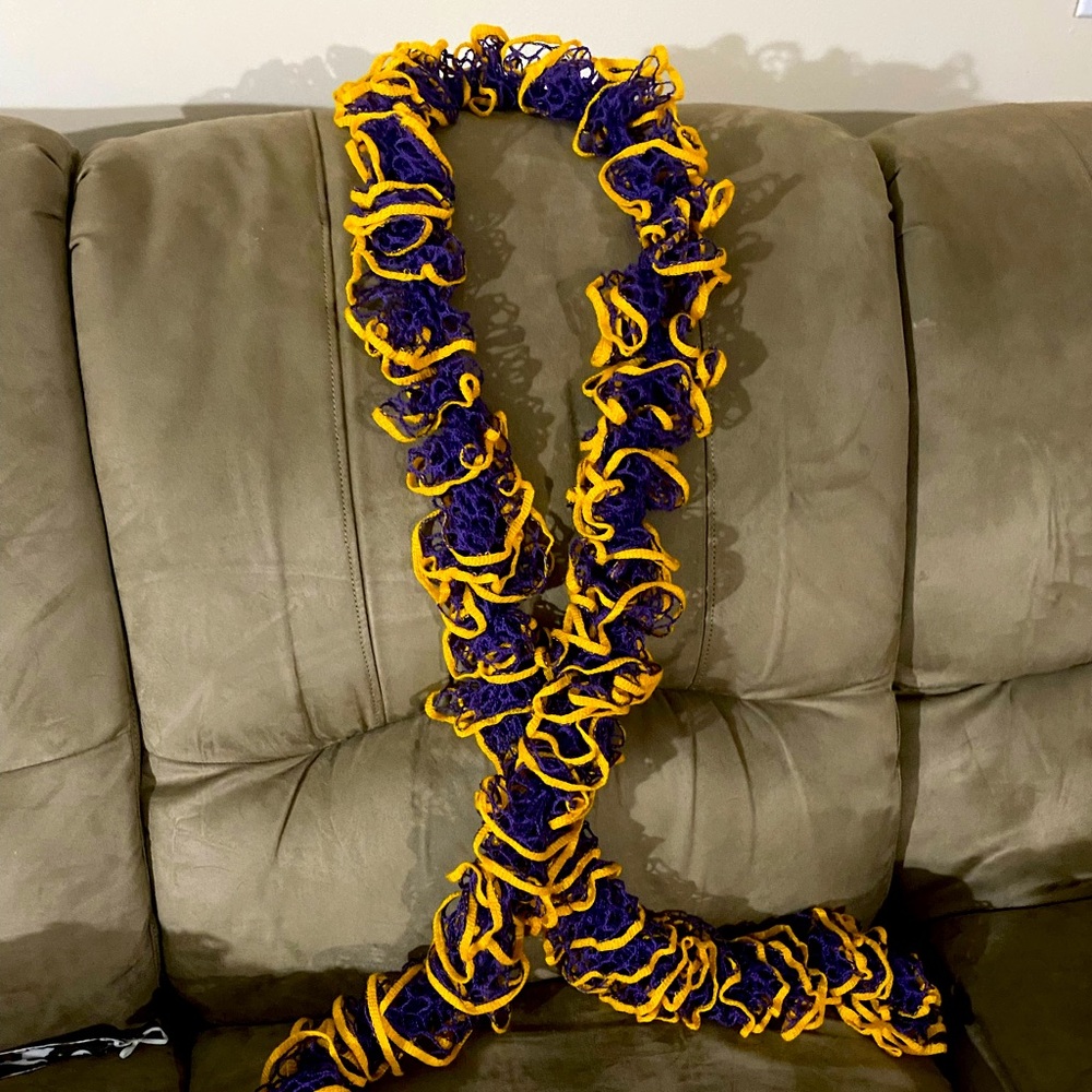 Purple and gold ruffle scarf